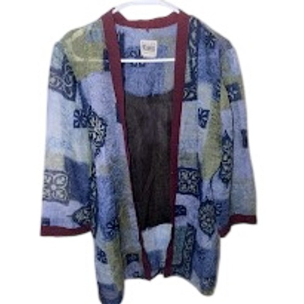 R & M Richards Karen Kwong Blue Floral Patchwork Open Front Cardigan Jacket 10